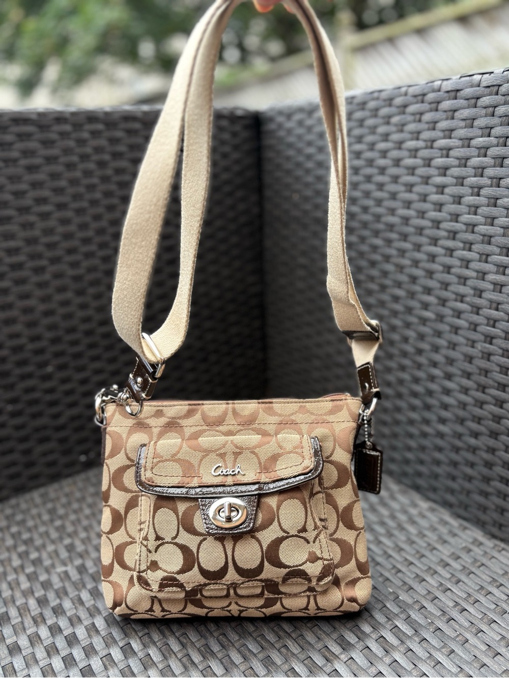 Coach Penelope Signature Jacquard Turnlock Crossbody Swingpack Bag Brown